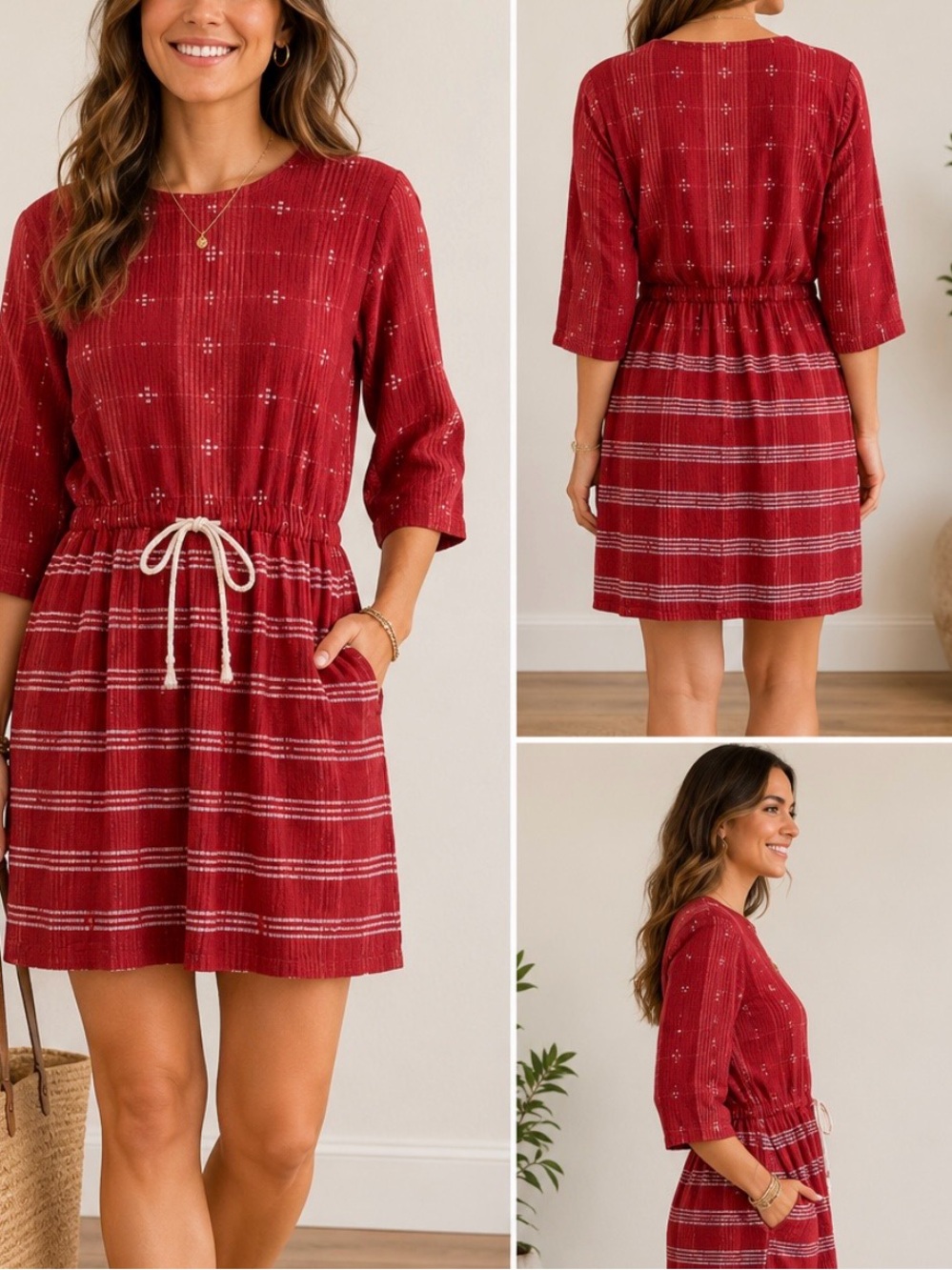 Ace & Jig Women’s Sz XS Cardinal Red 3/4 Sleeve Short Lake Dress With Pockets